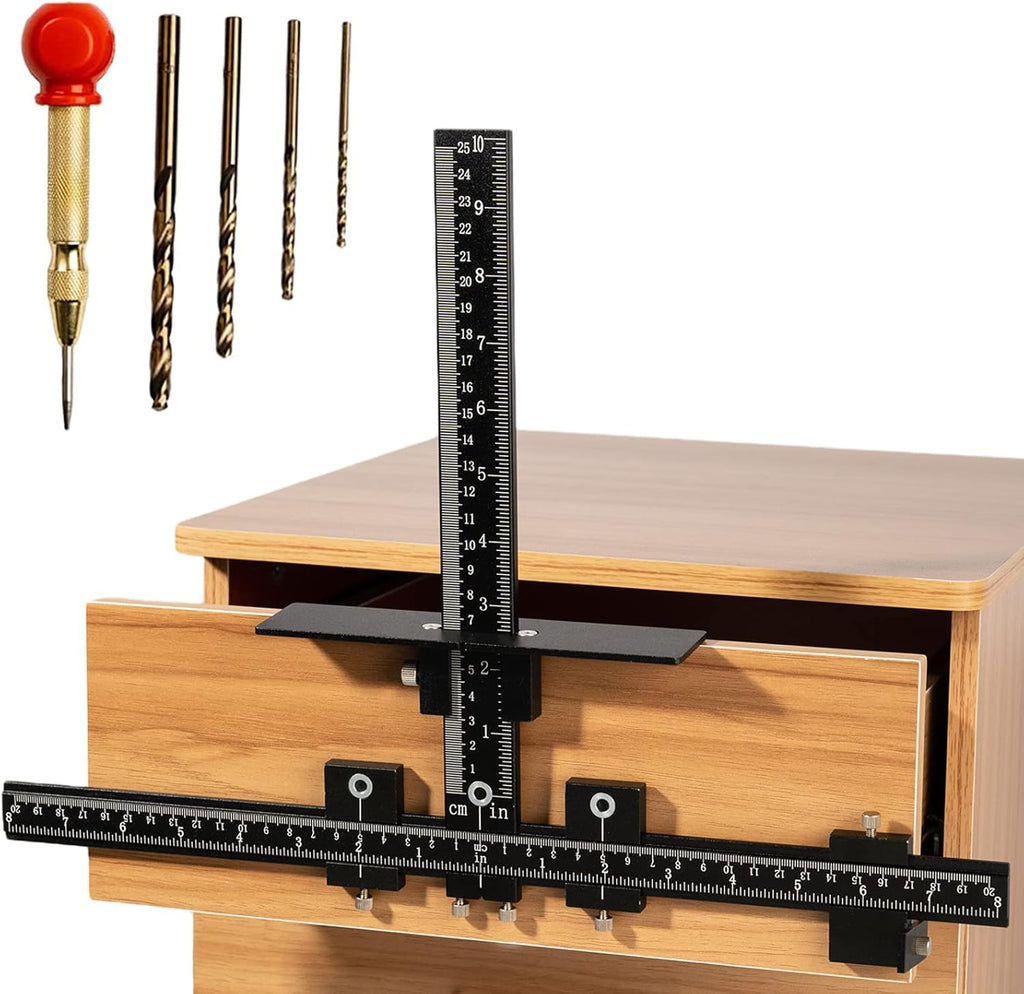 Cabinet Hardware Jig, Aluminum Alloy Handle Template Tool with Automatic Center Punch and 4 Drill Bits A107660