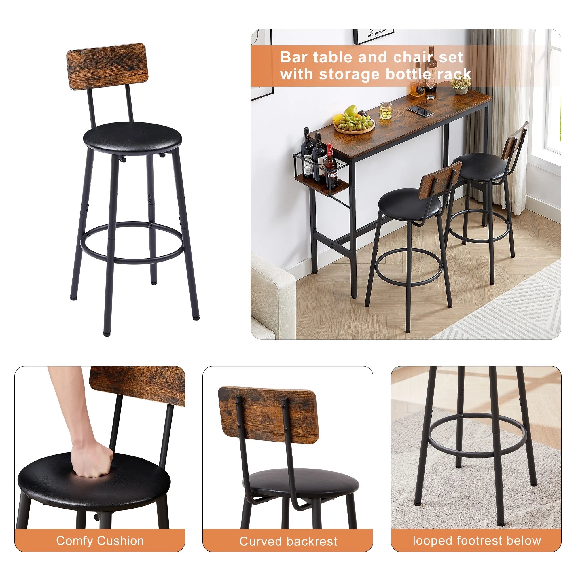 Rustic 3-Piece Dining Table Set with 2 Stools Z40331