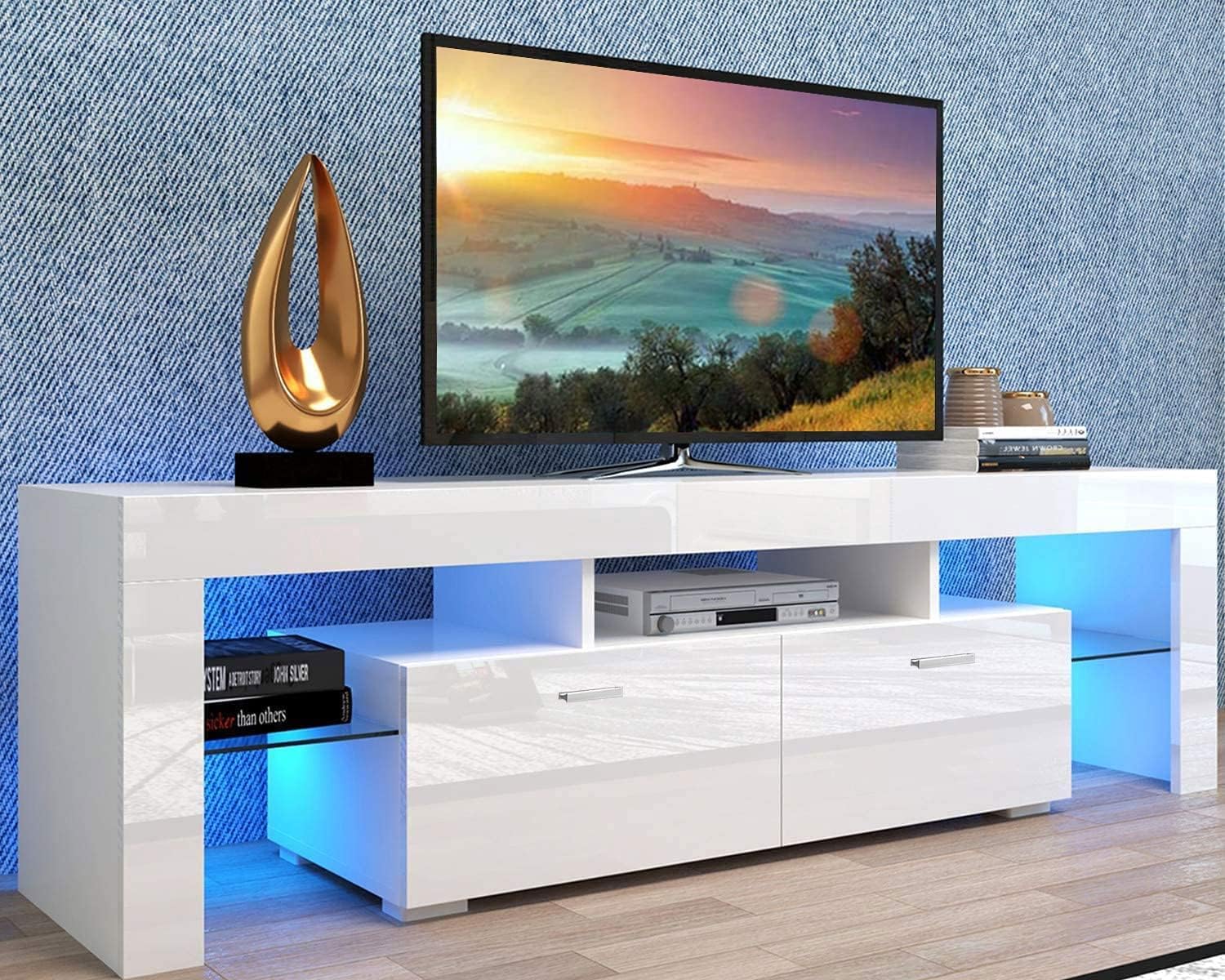Black TV Stand with LED Lights and Storage Cabinet Shelves Q750595