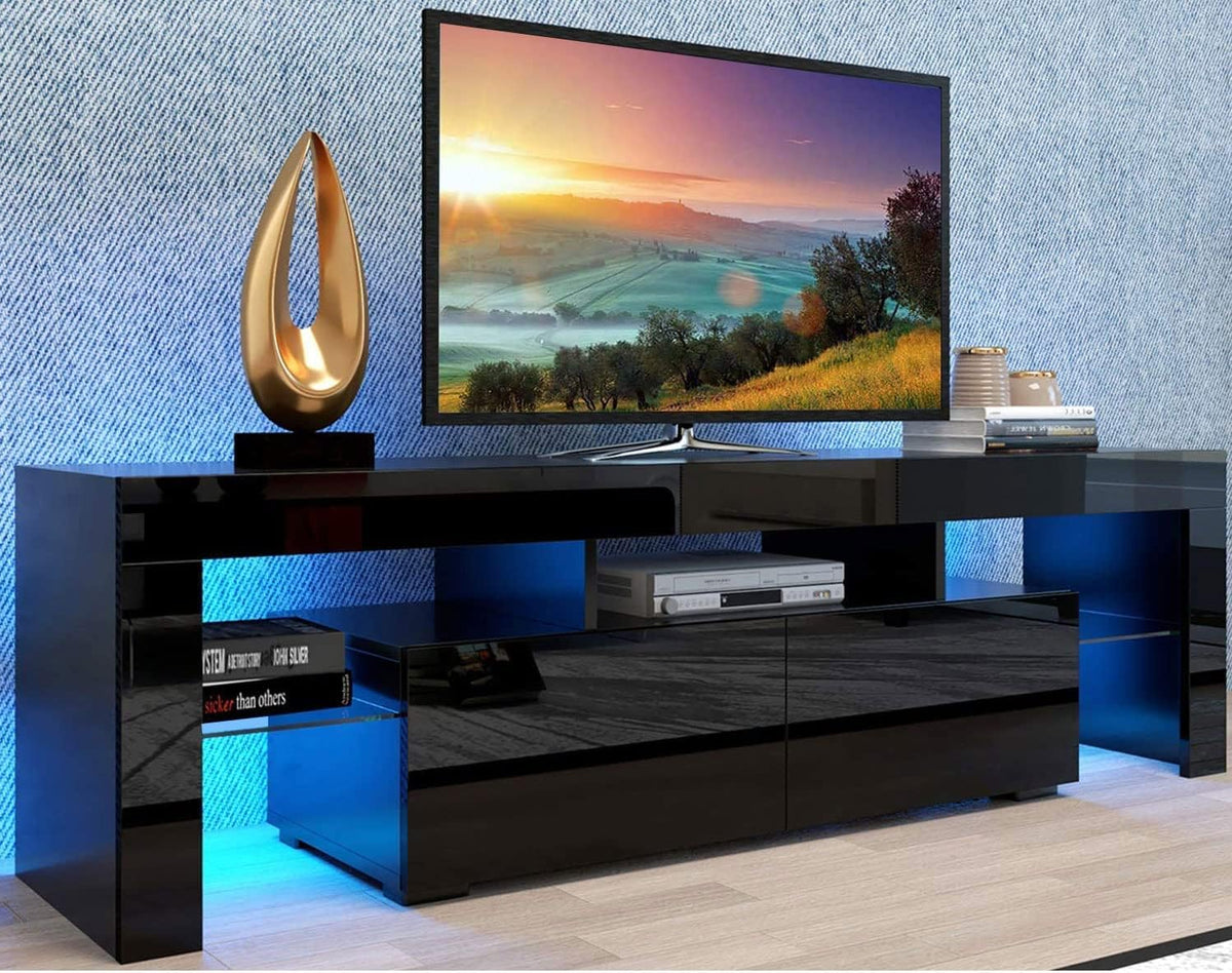 Black TV Stand with LED Lights and Storage Cabinet Shelves Q750595