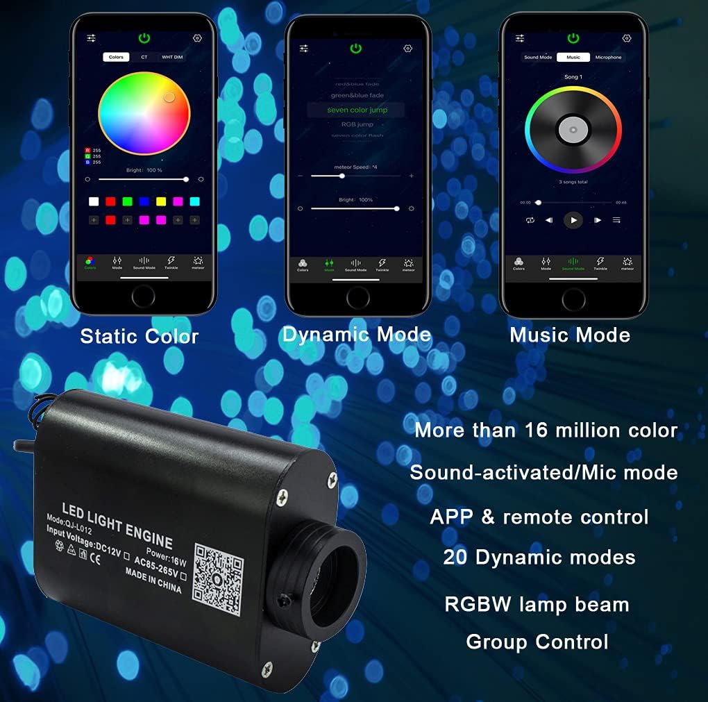 Bluetooth Car Use 16W RGBW Fiber Optic Light Star Ceiling Kits Music Mode 300pcs 0.03in 6.5ft Fiber Strands Remote/APP Control Headliner Light Decoration Y74958