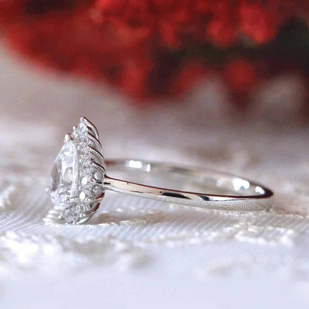Pear Shape Moissanite Solitaire Engagement Ring, 18K White Gold Plated / 925 Sterling Silver Ring V564