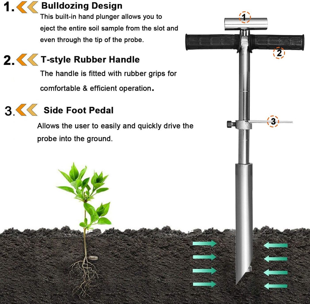 40" Soil Sampler Probe Rod with Sample Ejector, 304 Stainless Step Tube with Foot Pedal T-Style Handle R348193