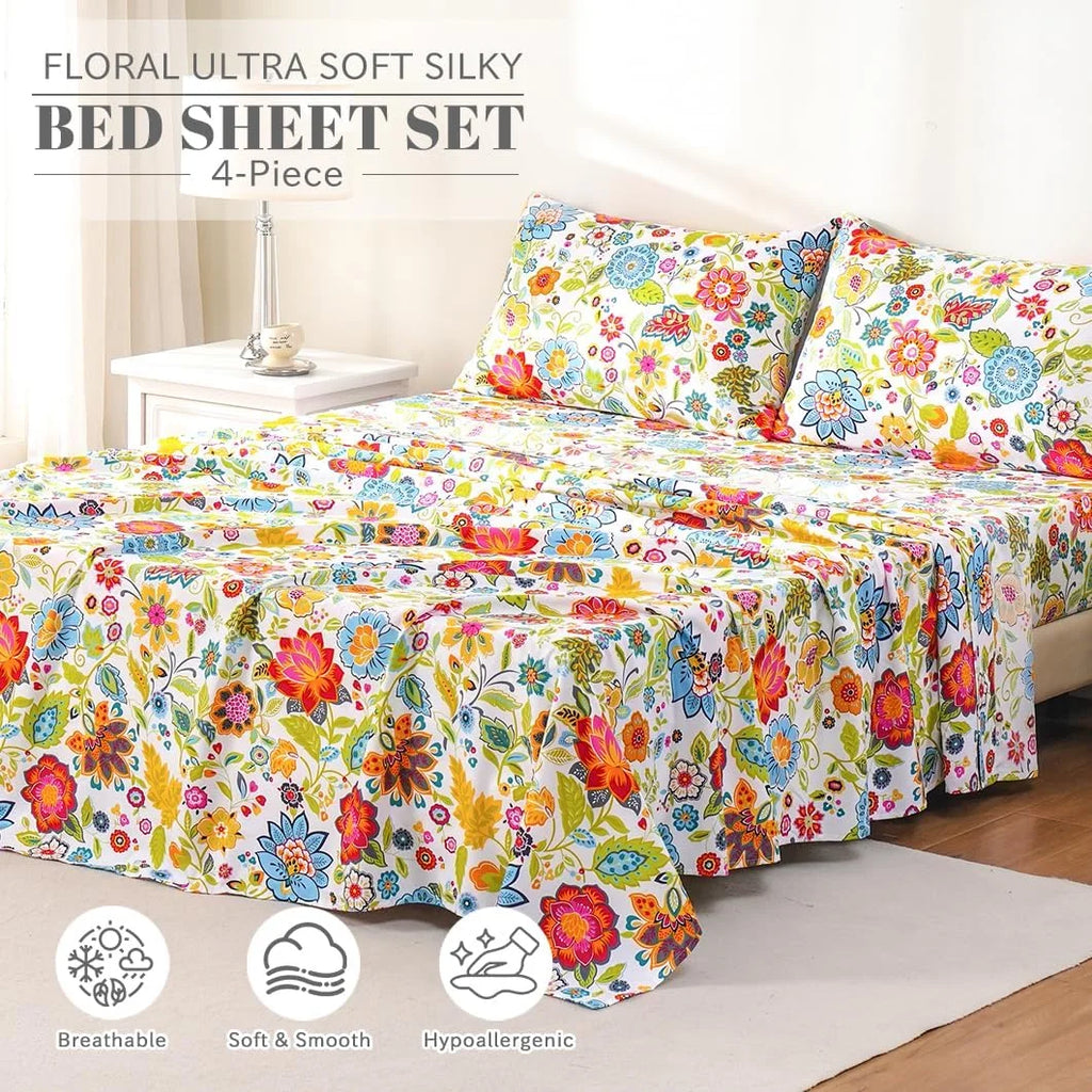 Queen Size 4 Piece Microfiber Floral Bed Sheets E190