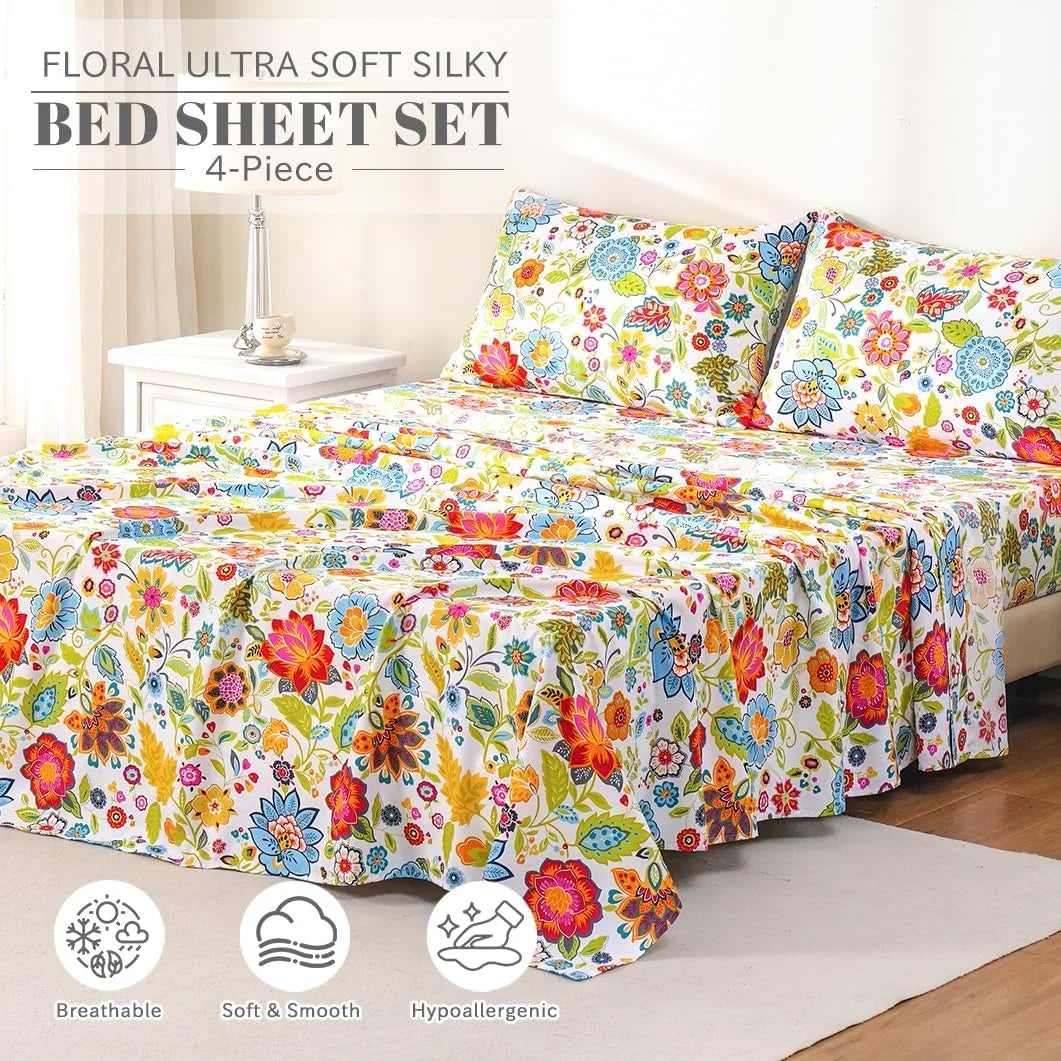 Queen Size 4 Piece Microfiber Floral Bed Sheets E190