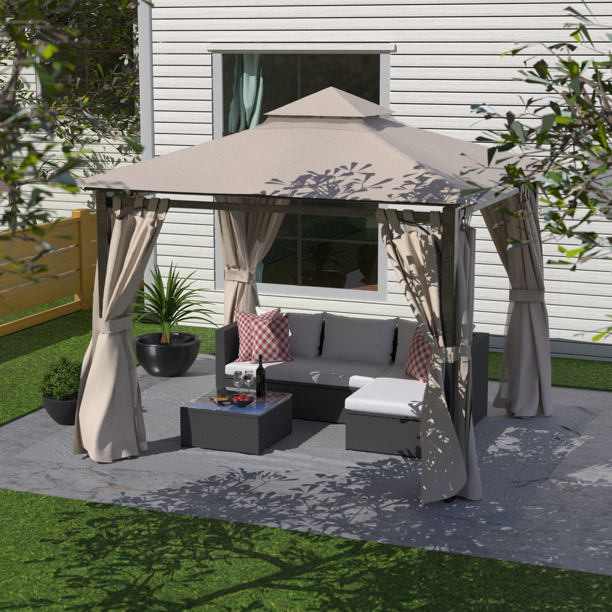 10 x 10 Outdoor Polyester Gazebo with Mosquito Netting and Privacy Curtains B84736