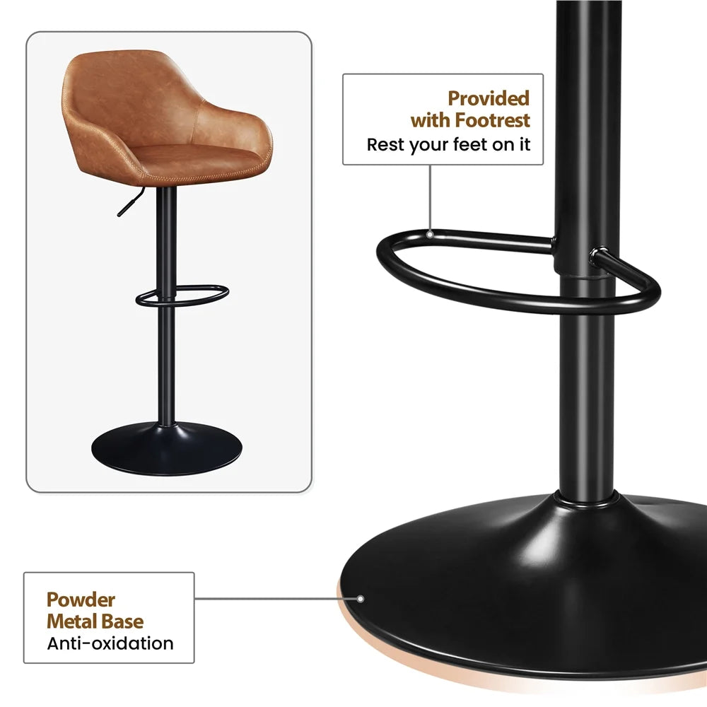 Vintage Adjustable Faux Leather Bar Stools with Backrest, Set of 2, Brown D228