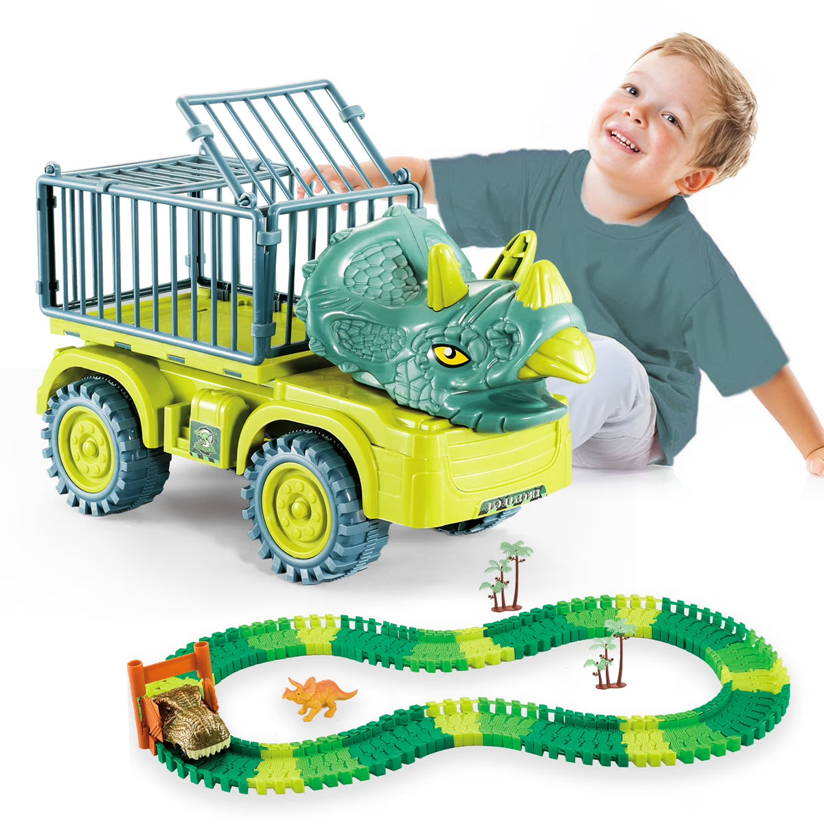 Dinosaur Truck Toys with Flexible Racetrack Cars and Dinosaurs I9024