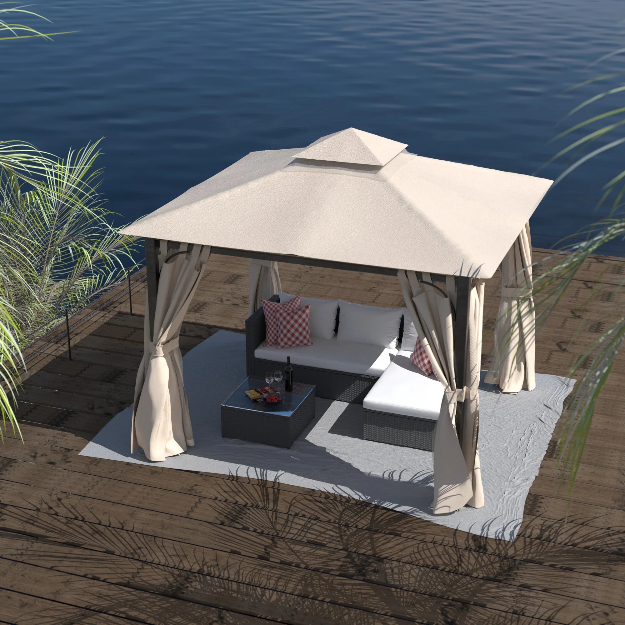 10 x 10 Outdoor Polyester Gazebo with Mosquito Netting and Privacy Curtains B84736