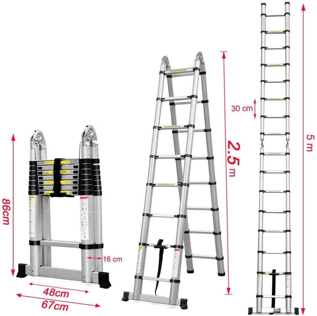 Telescoping Aluminum Extension Ladder with Stabilizer Bar 16.5FT A-Frame Ladder 330 Lb Capacity M3162
