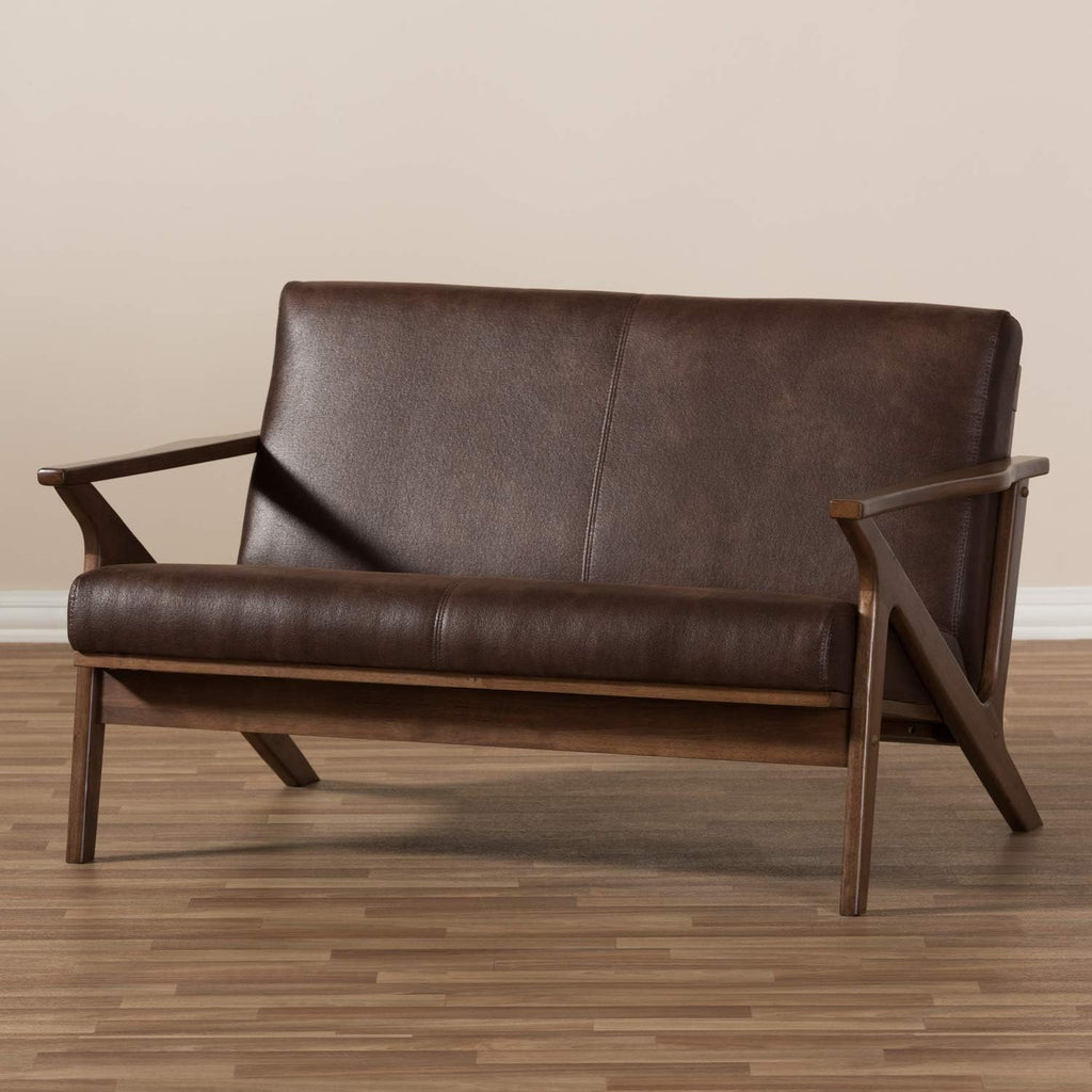 Walnut Wood Dark Brown Distressed Faux Leather 2-Seater Loveseat A96876