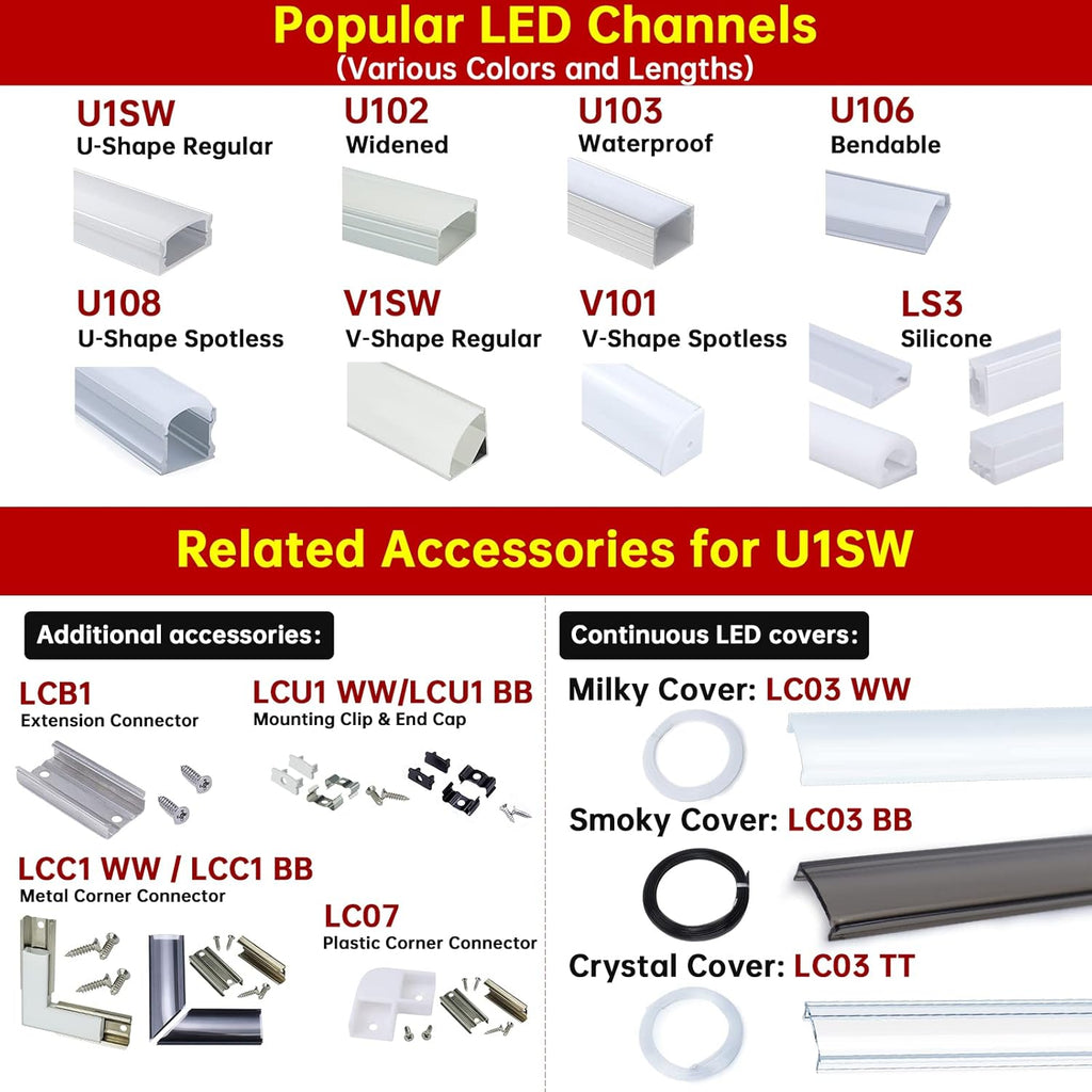 15Pack 3.3FT/1M LED Channel System with Milky White Cover Lens, Silver Aluminum Extrusion Profile Housing Track for Strip Tape Light, U Shape, Pack of 2 U3184