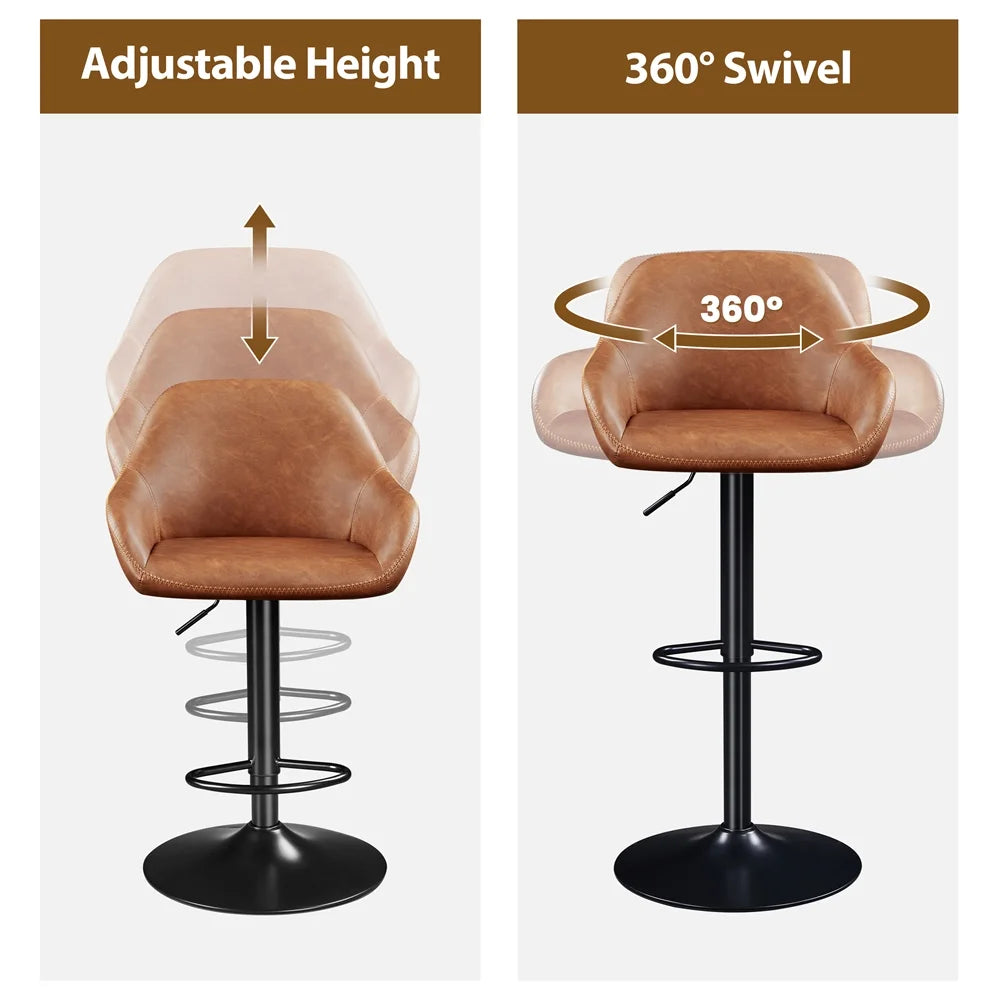 Vintage Adjustable Faux Leather Bar Stools with Backrest, Set of 2, Brown D228