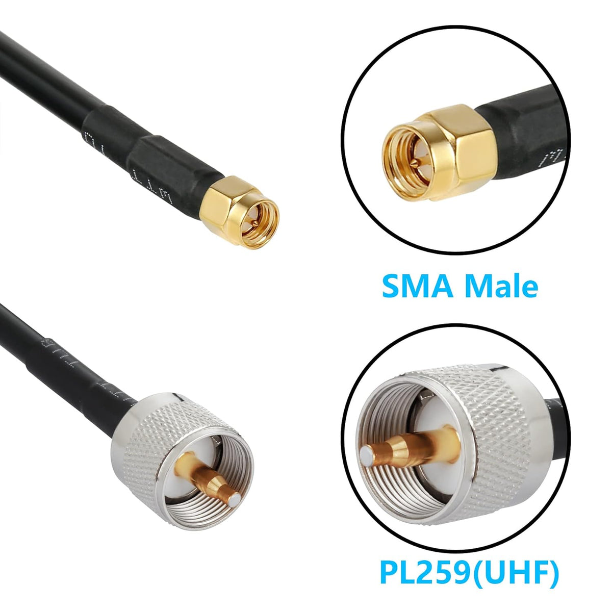 15 ft SMA Male to PL259 UHF Low-Loss Extension Cable (50 Ohm), Pure Copper Coaxial Cable P91178