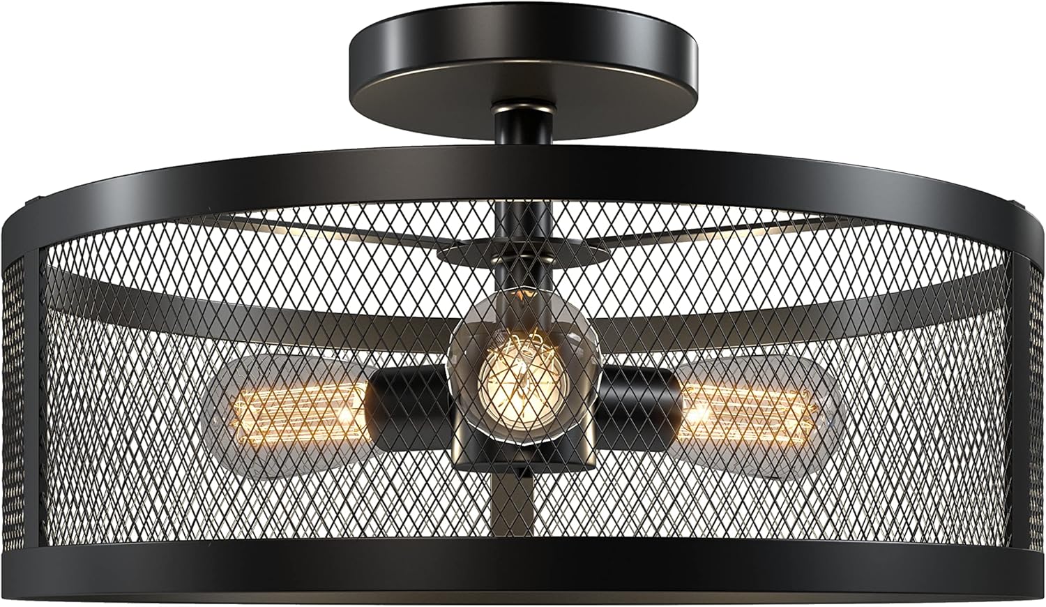 Industrial 3-Light Metal Cage Semi Flush Mount Ceiling Light Black Finish O206401