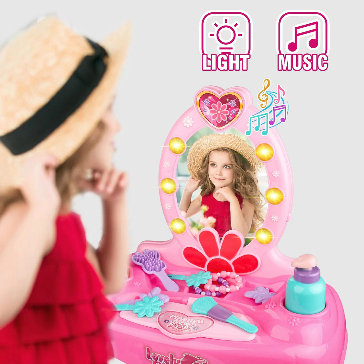 Pink 19 PCS Kids Makeup Vanity Set with Mirror & Music O86756