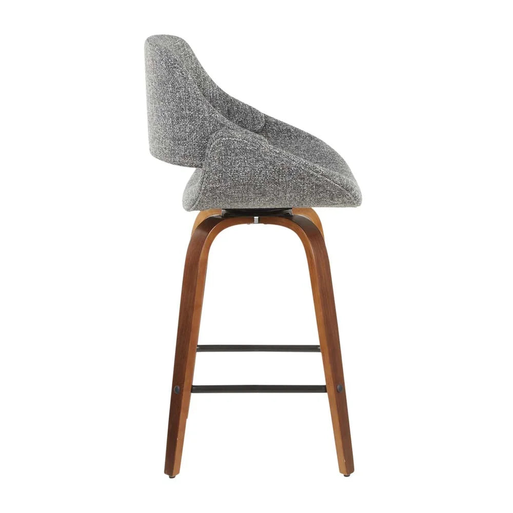 Mid-Century Modern Counter Stool in Walnut and Grey Noise Fabric - Set of 2 K420520
