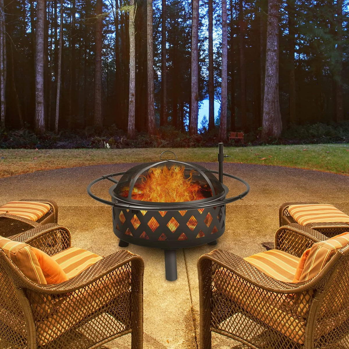 30 Inch Wood Burning Fire Pit with Cooking Grate, Mesh Lid & Poker M386