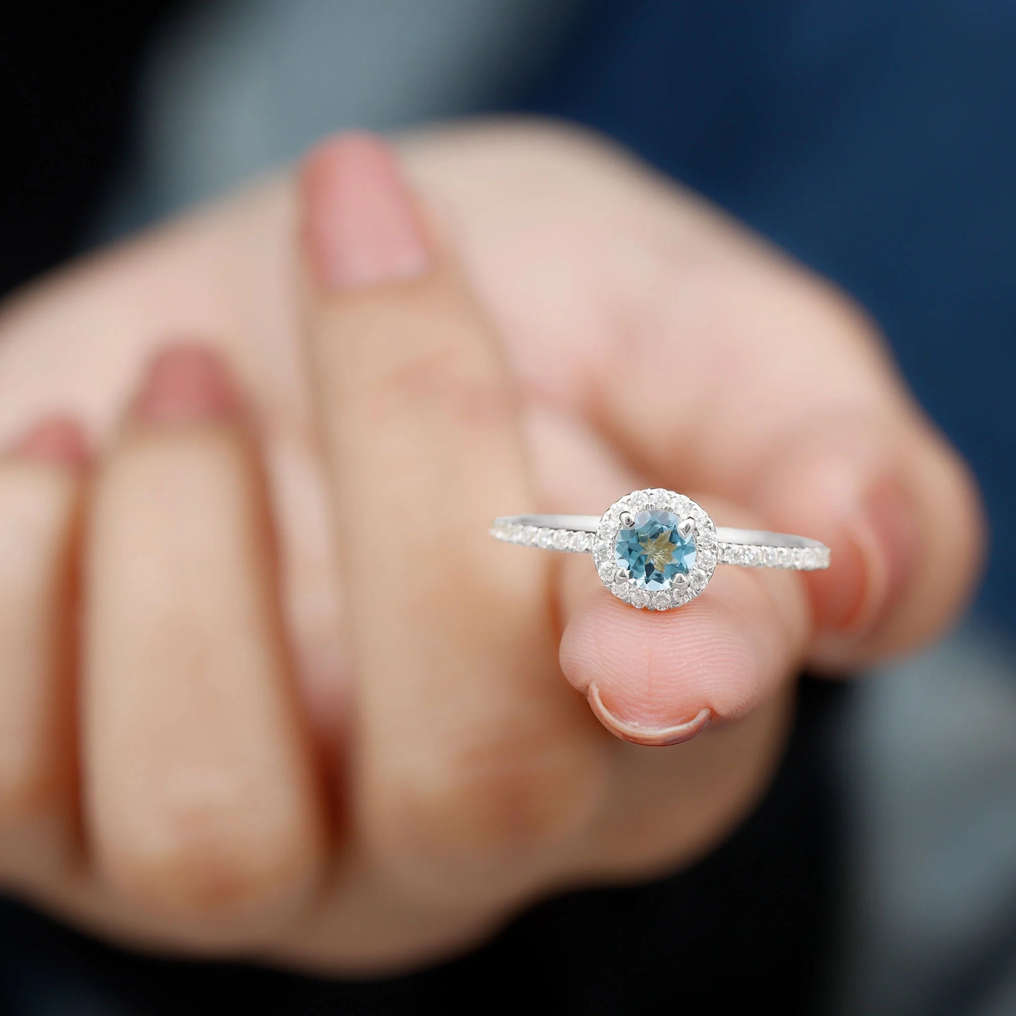 10K White Gold Aquamarine Ring with Diamond Halo F3108