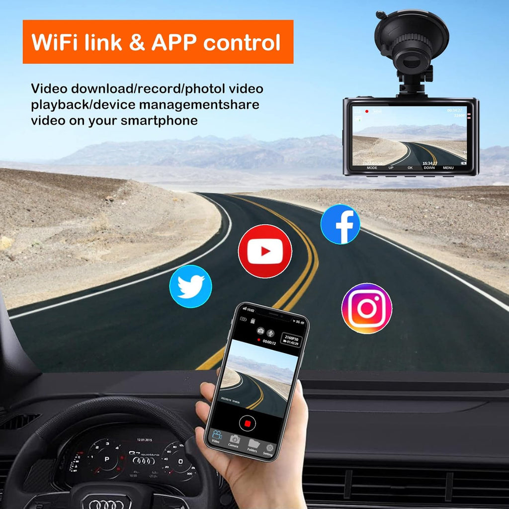 4K Dash Cam with WiFi, 3" IPS Screen, 170° Wide Angle, Parking Monitor Z471989