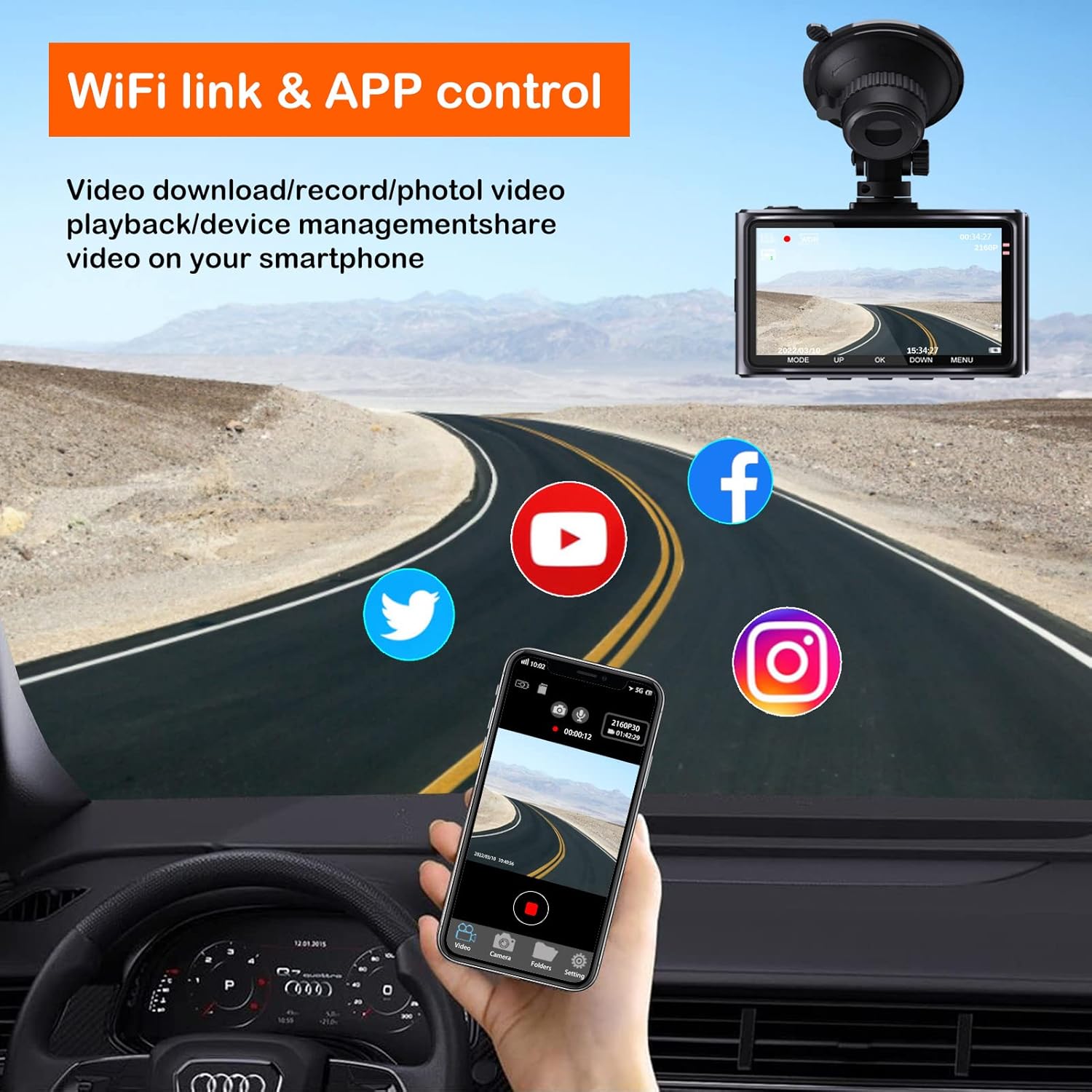 4K Dash Cam with WiFi, 3" IPS Screen, 170° Wide Angle, Parking Monitor Z471989