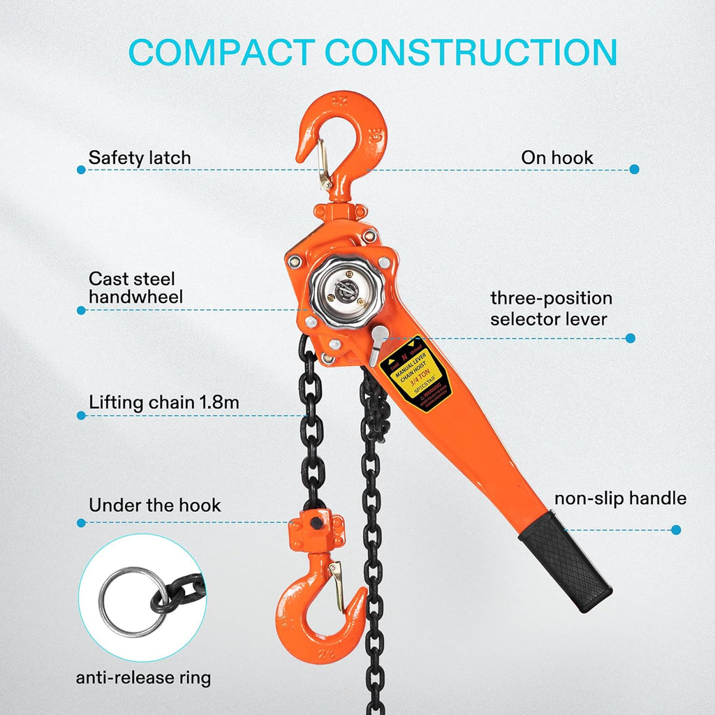3/4 Ton Capacity 5 Feet Lever Chain Hoist with 2 Hooks Z60687