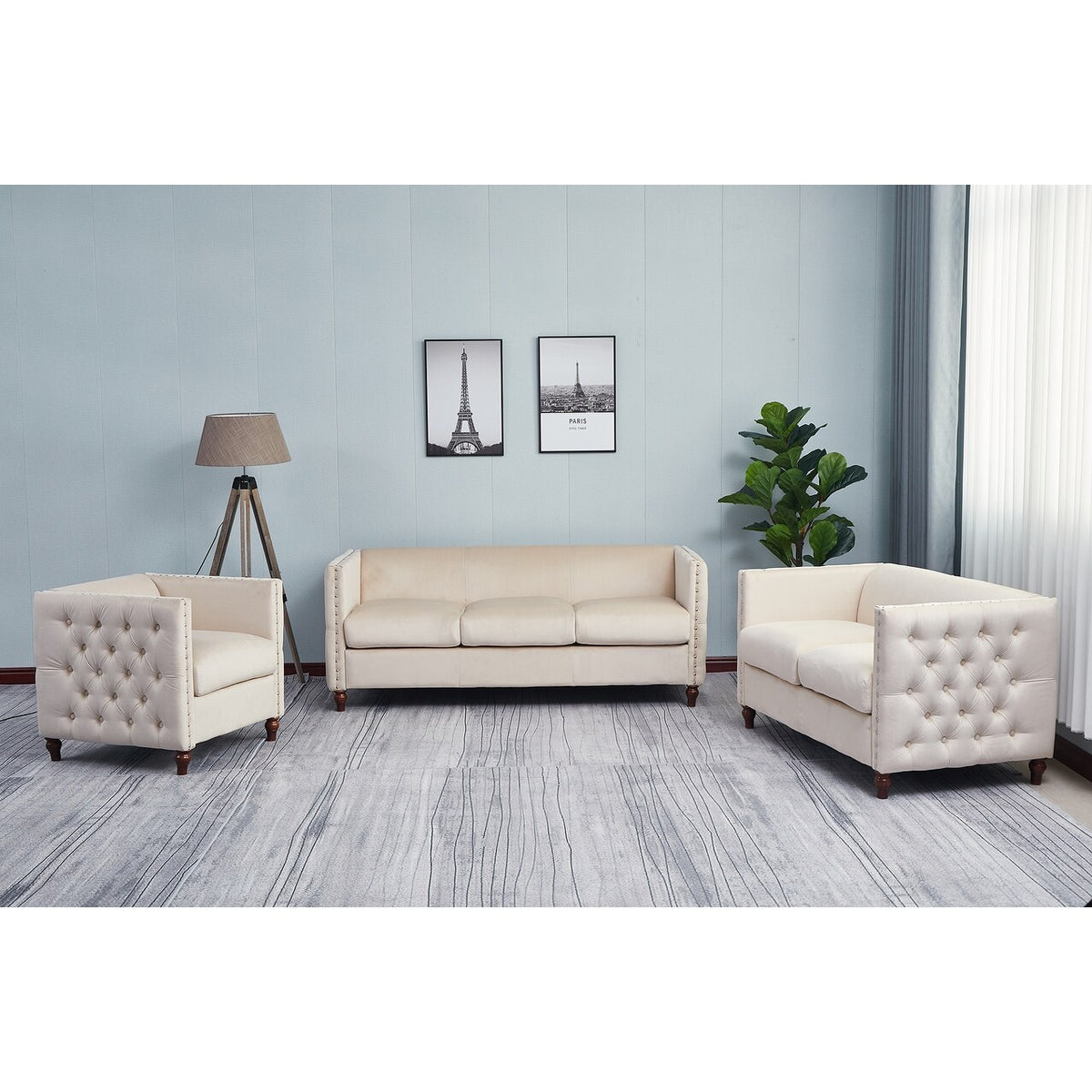 Beige 3-PC Nail Head Livingroom Set L16491