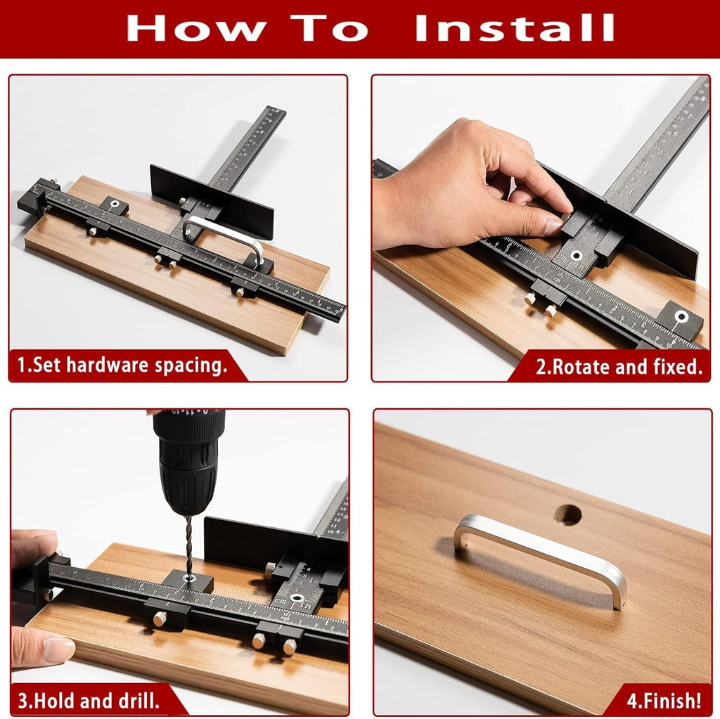 Cabinet Hardware Jig, Aluminum Alloy Handle Template Tool with Automatic Center Punch and 4 Drill Bits A107660