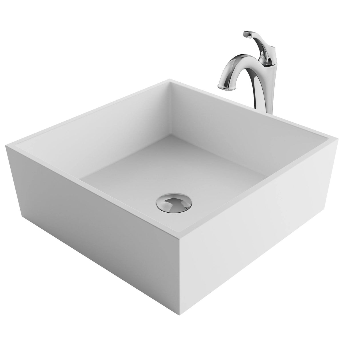 White Matte Solid Surface Square Bathroom Vessel Sink and Faucet Q1411