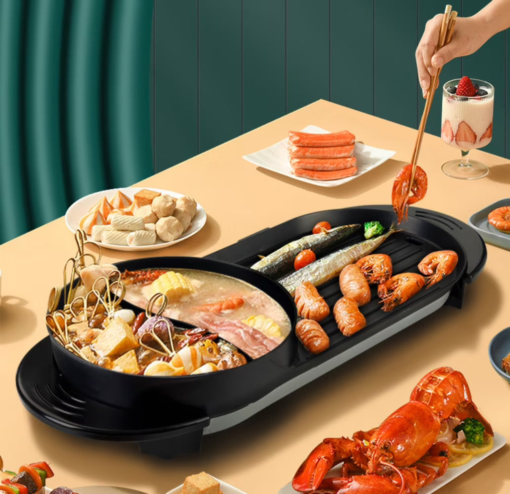 2 in 1 Electric Hot Pot Grill Non-Stick Smokeless Barbecue Pan 1100W V728734