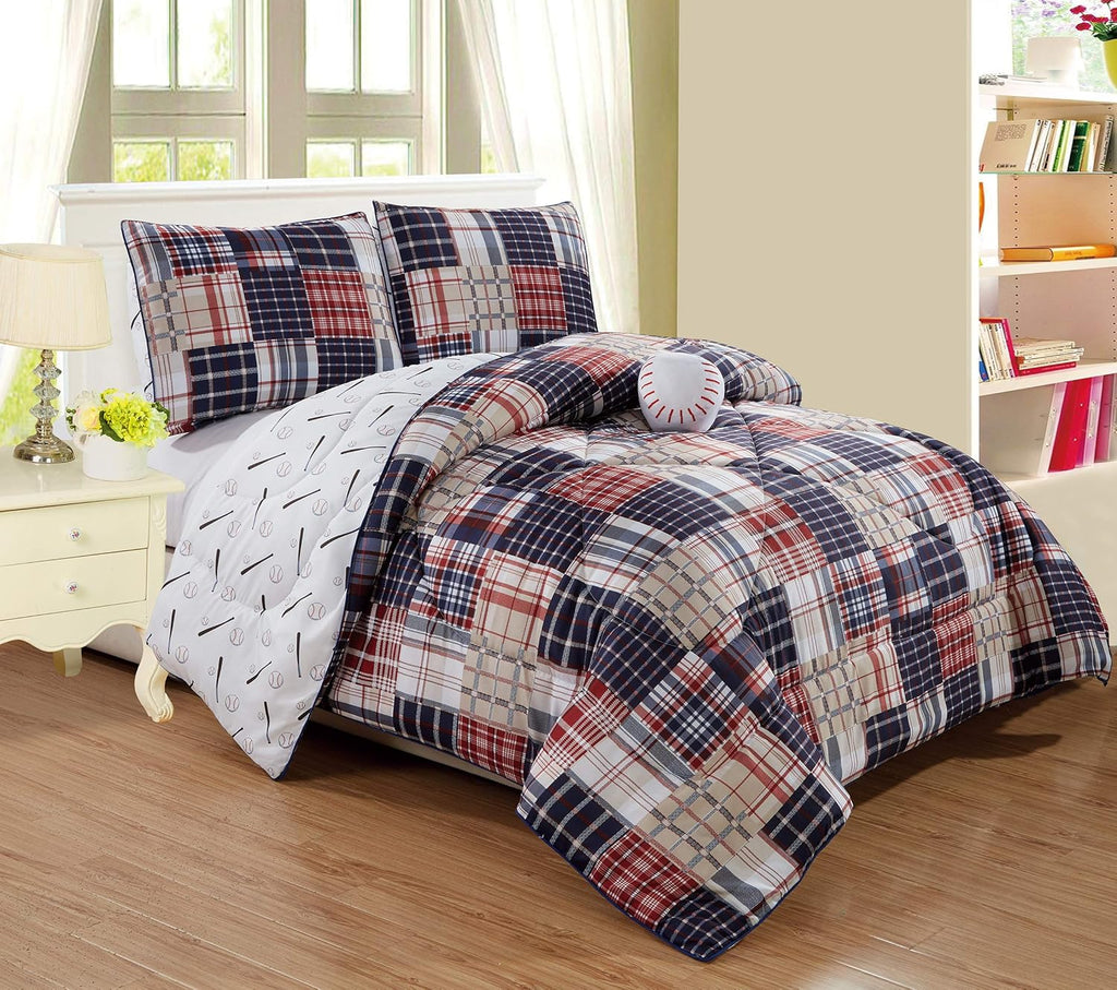 California King Size 4 Piece Plaid Comforter Set with Plush Toy N696592