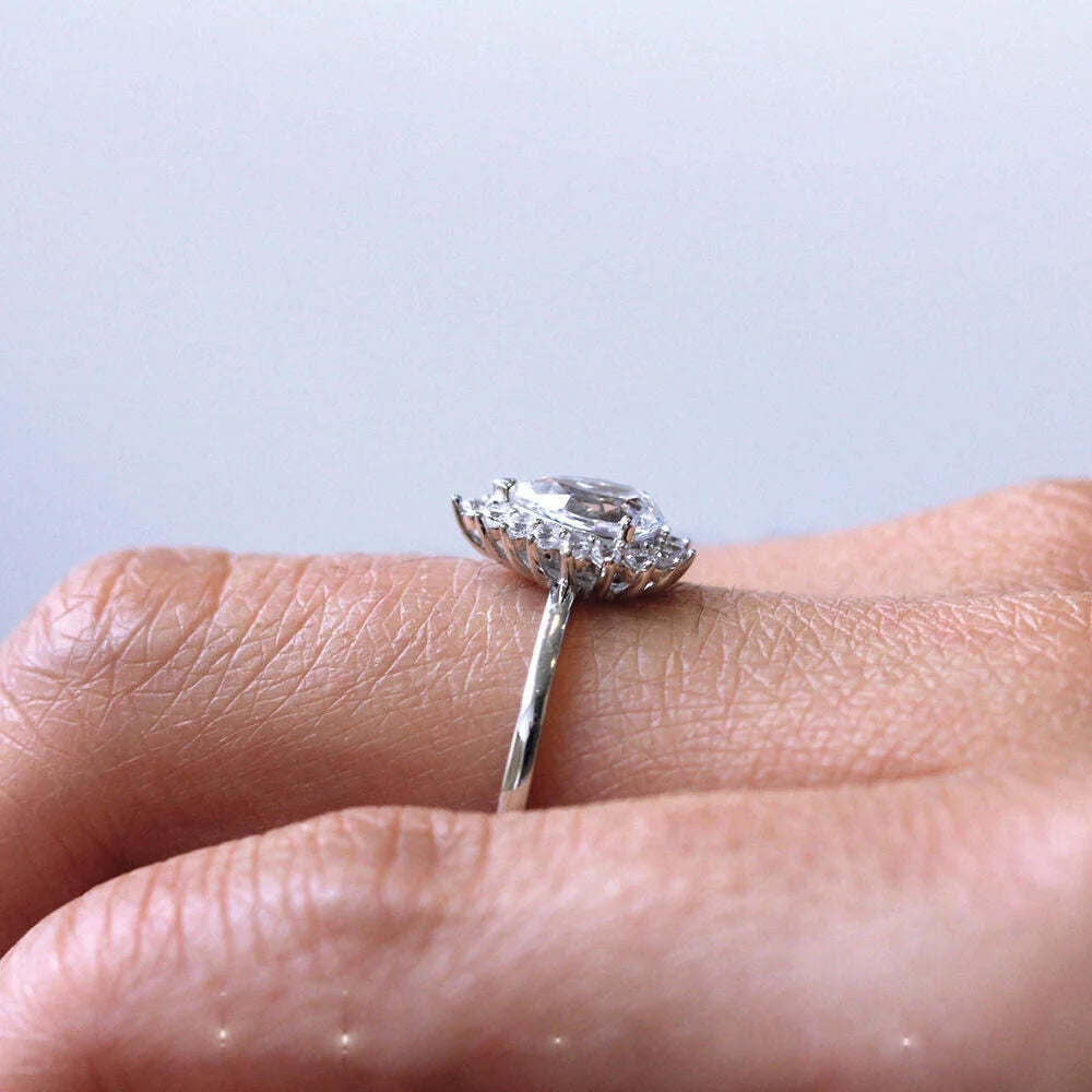 Pear Shape Moissanite Solitaire Engagement Ring, 18K White Gold Plated / 925 Sterling Silver Ring V564