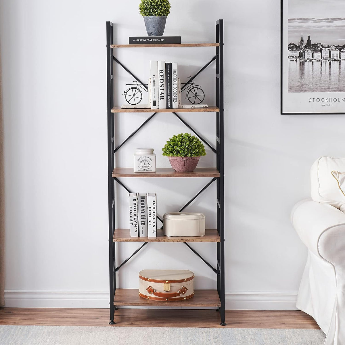 Industrial 5 Tier Wood Bookshelf with Metal Frame R3978