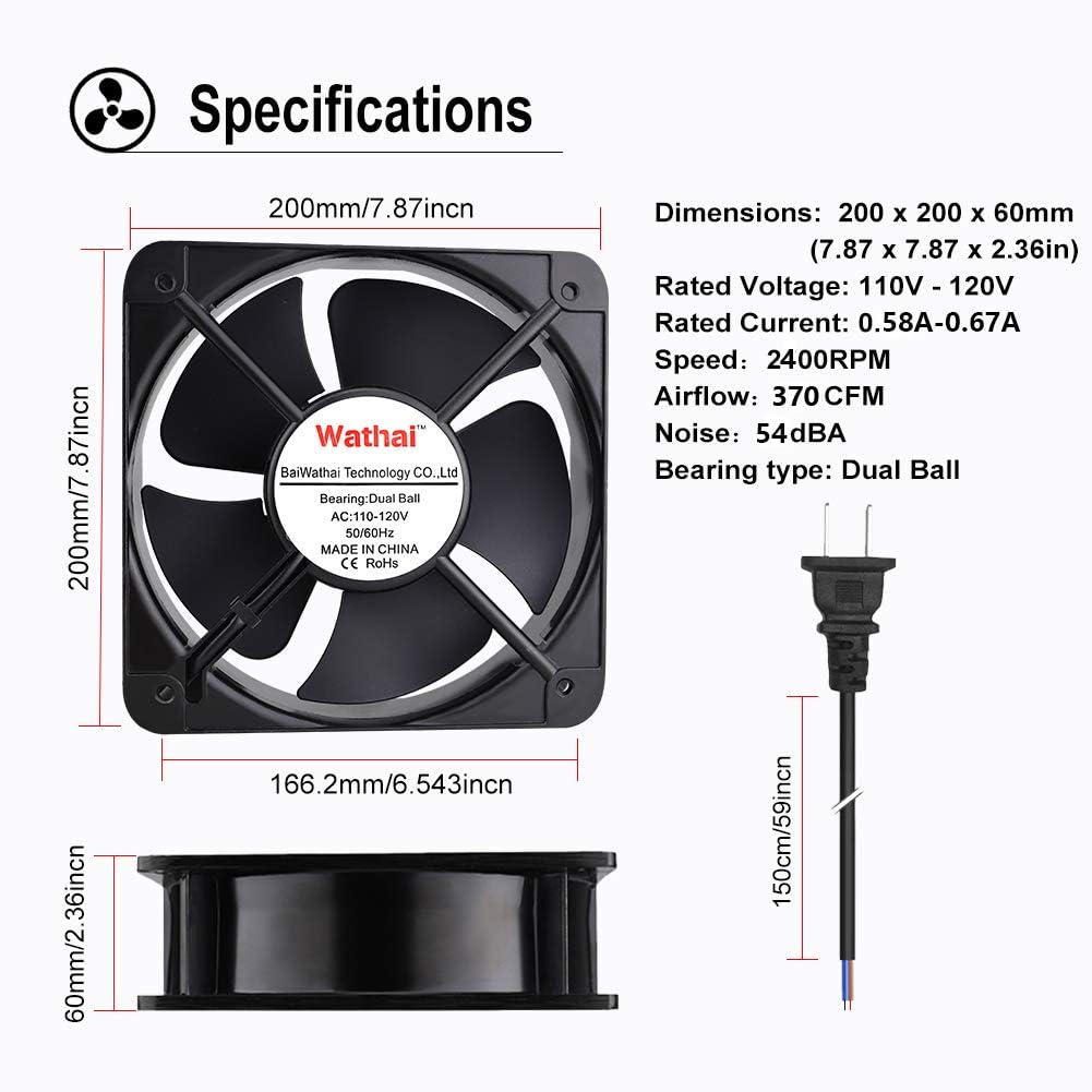 200mm x 60mm Dual Ball 110V 120V Industrial Cooling Fan Pack of 2 L1506