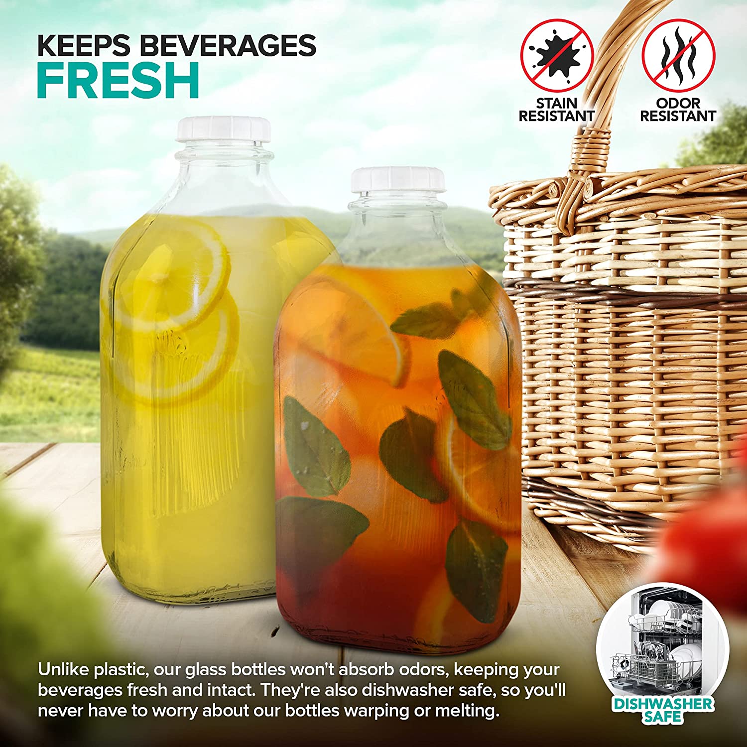 64-Oz Glass Milk Bottles with 3 White Caps, Dishwasher Safe I429