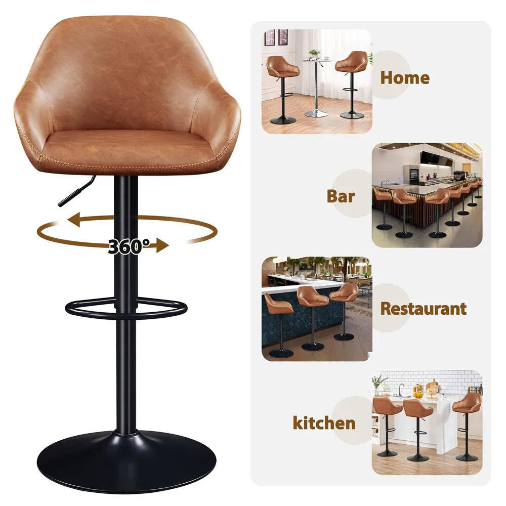 Vintage Adjustable Faux Leather Bar Stools with Backrest, Set of 2, Brown D228