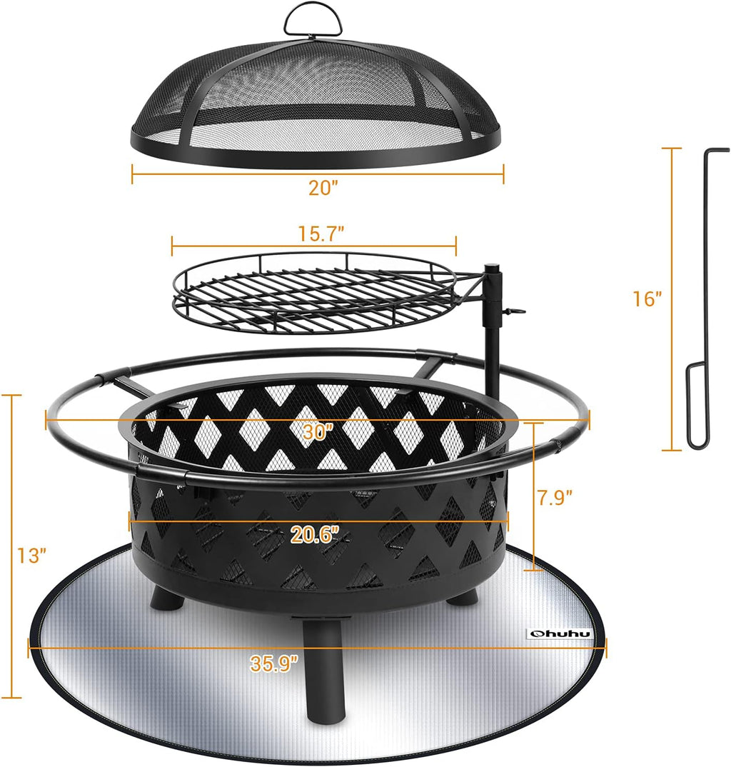 30 Inch Wood Burning Fire Pit with Cooking Grate, Mesh Lid & Poker M386