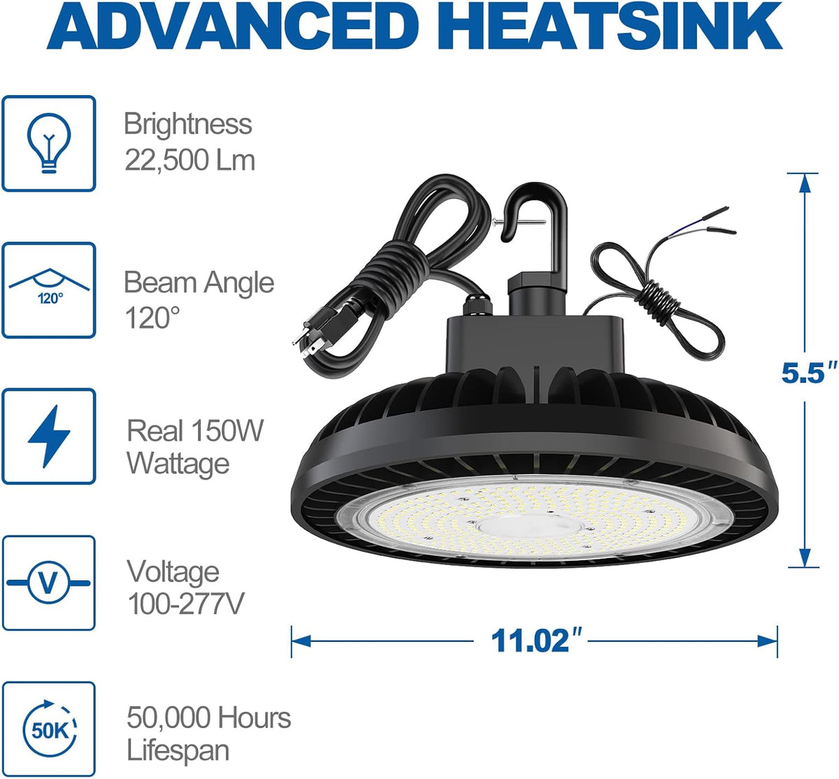 150W UFO LED High Bay Light, 22500 lumens, 5000K Daylight, IP65 A2412