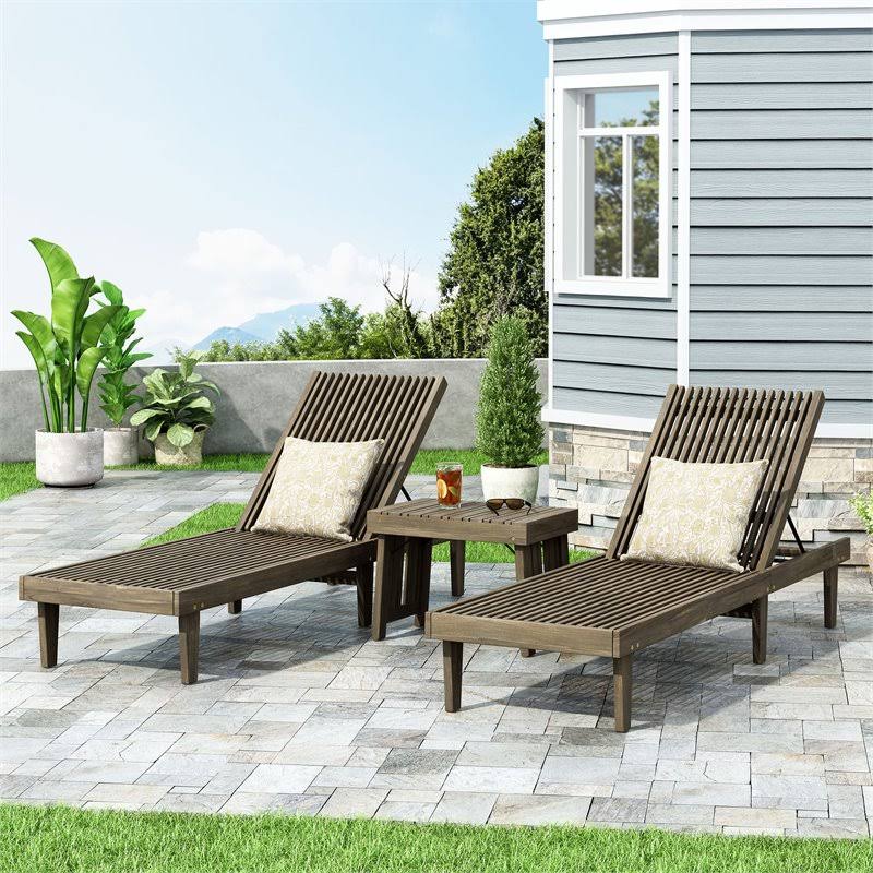 Gray 3-Pc Acacia Wood Chaise Lounge Set F486276