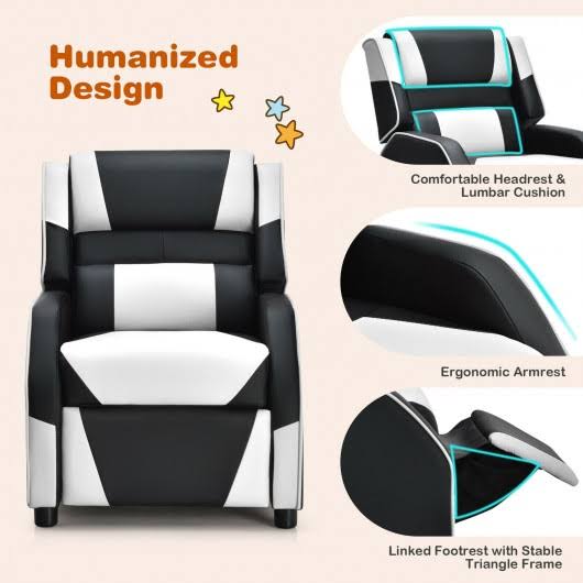 White PU Leather Kids Gaming Sofa Recliner with Headrest and Footrest Y145145