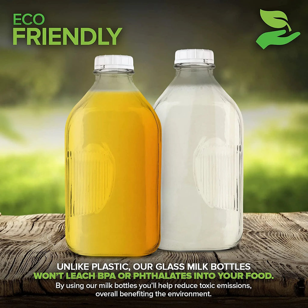 64-Oz Glass Milk Bottles with 3 White Caps, Dishwasher Safe I429