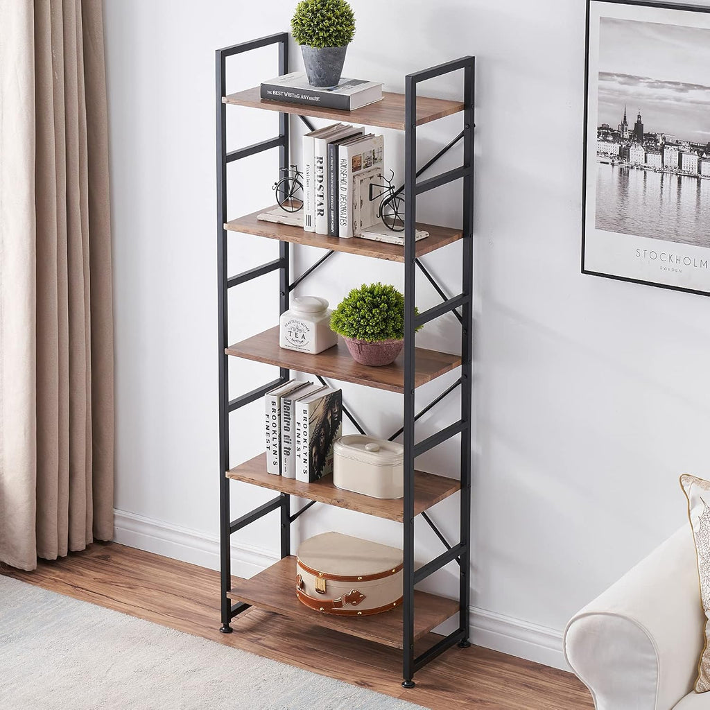 Industrial 5 Tier Wood Bookshelf with Metal Frame R3978