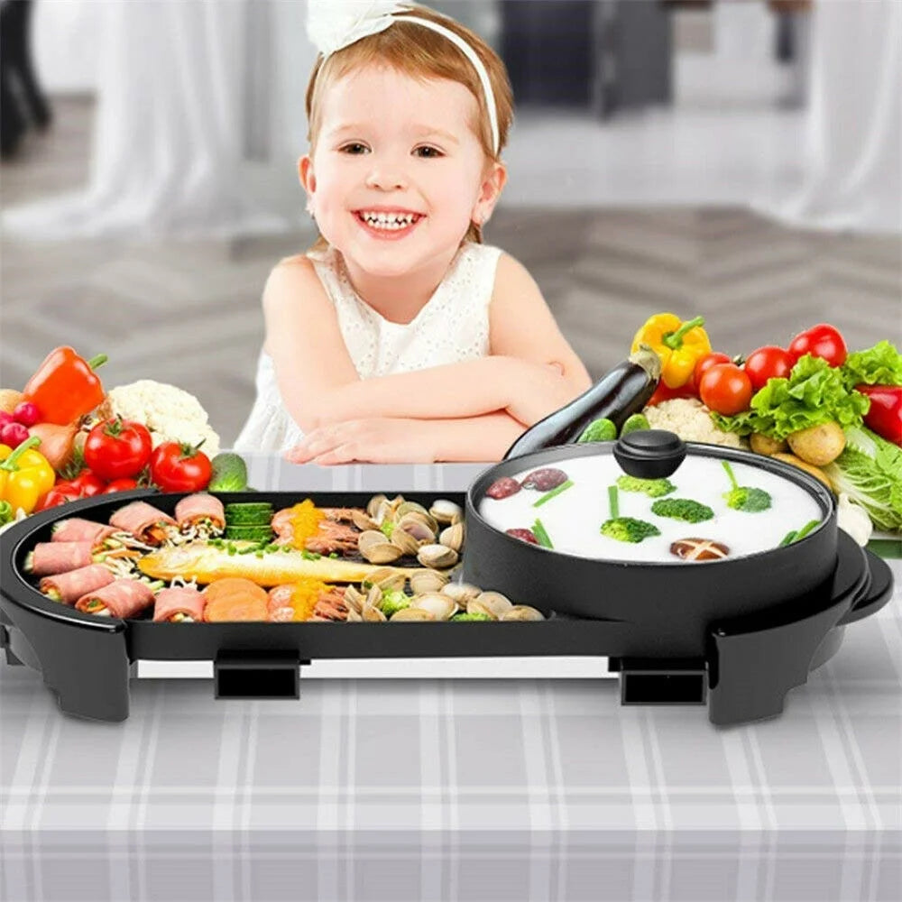 2 in 1 Electric Hot Pot Grill Non-Stick Smokeless Barbecue Pan 1100W V728734