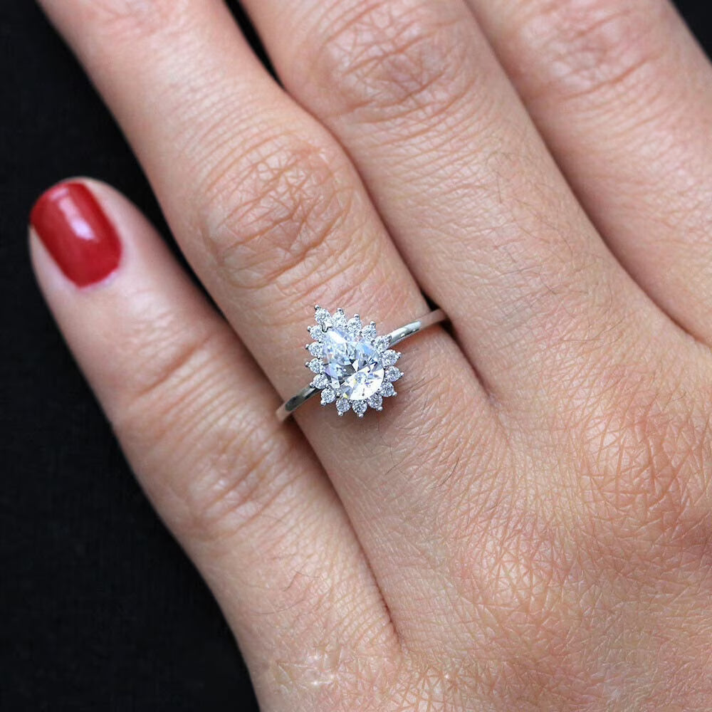 Pear Shape Moissanite Solitaire Engagement Ring, 18K White Gold Plated / 925 Sterling Silver Ring V564