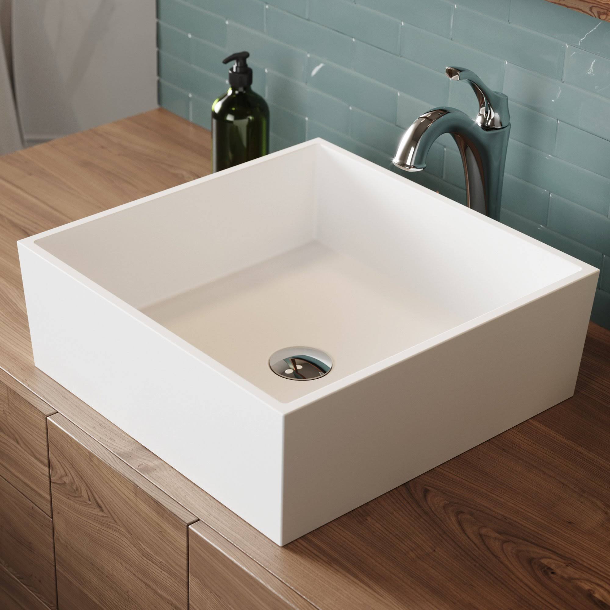 White Matte Solid Surface Square Bathroom Vessel Sink and Faucet Q1411