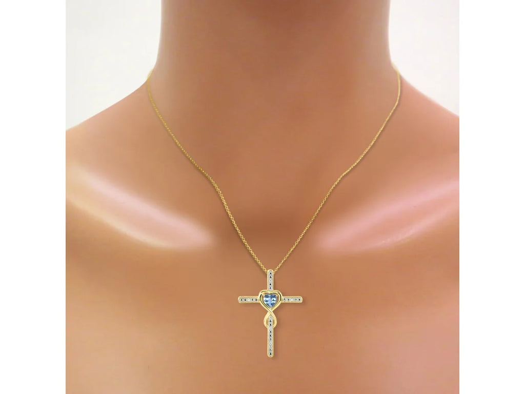 Yellow Gold Plated Silver Cross Necklace with Blue Topaz and Genuine Diamonds B18637