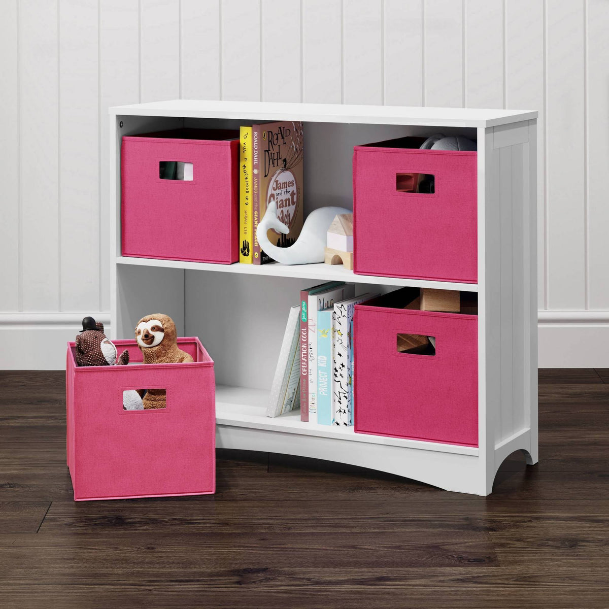 5pc Kids Bookcase Set with 4 Bins White/Hot Pink I190946