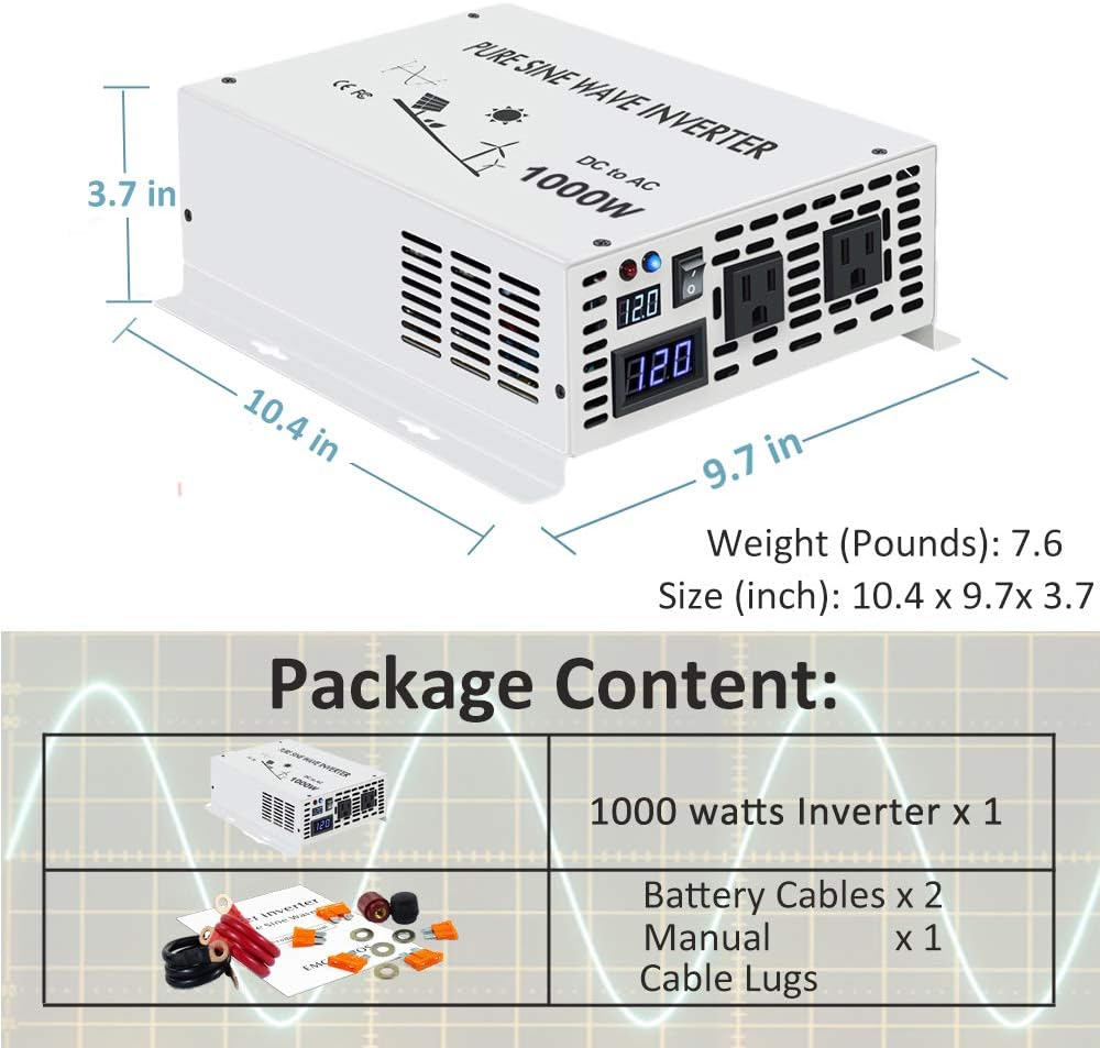 1000 Watt 12V Pure Sine Wave Power Inverter Dual 120V AC Outlets U529116