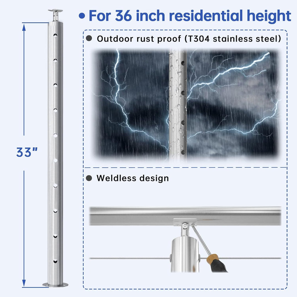 2Pack Stainless Steel Cable Railing Post Round 36x2.36 Surface Mount B8788