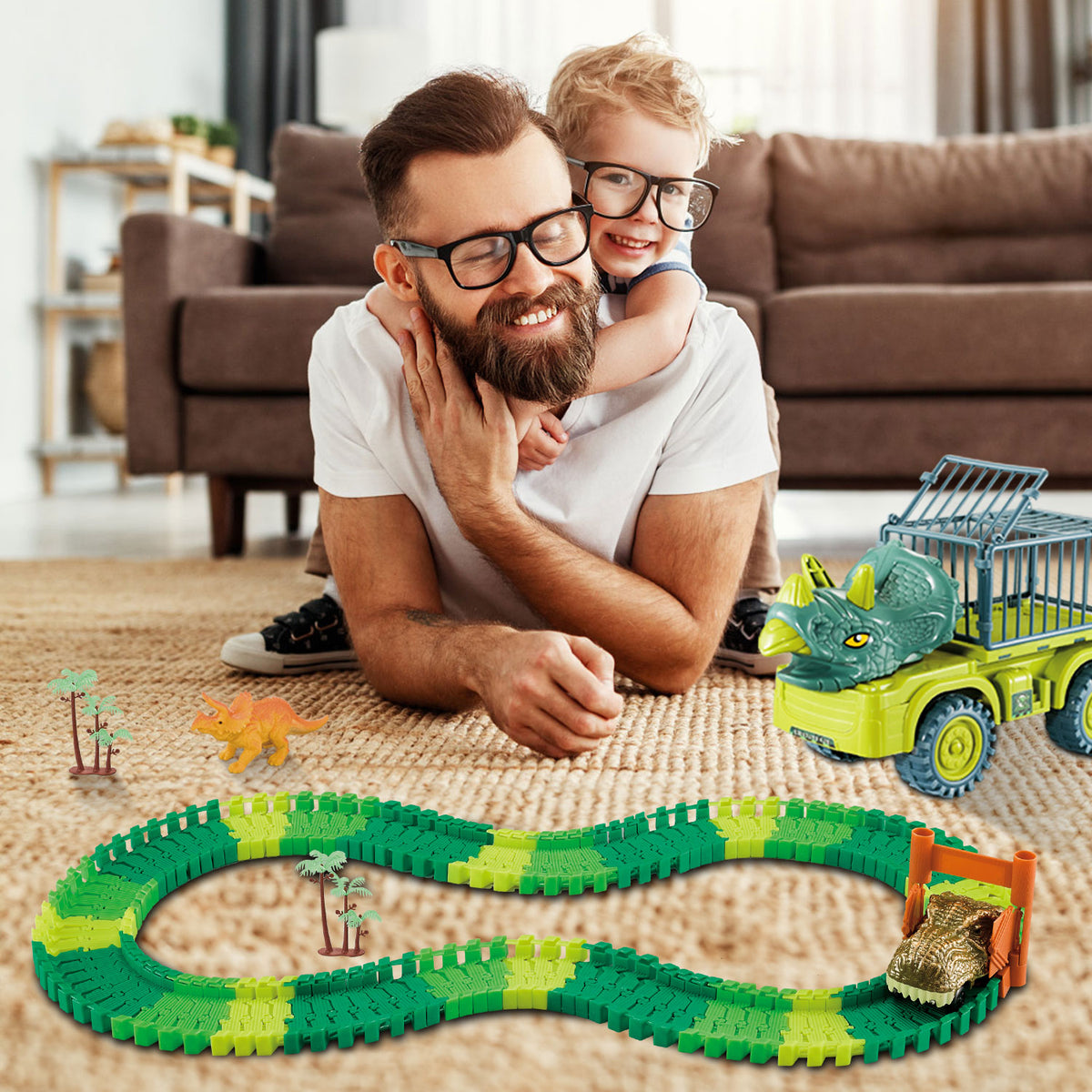 Dinosaur Truck Toys with Flexible Racetrack Cars and Dinosaurs I9024